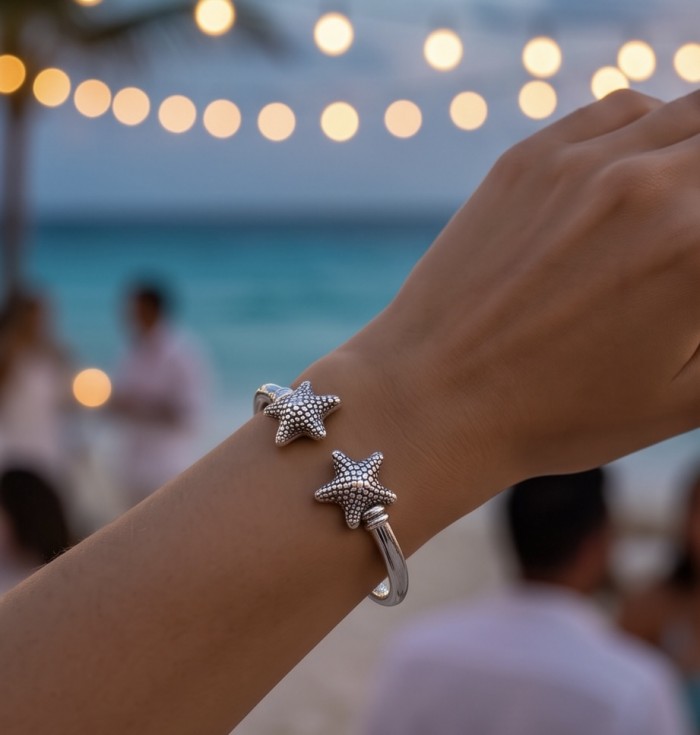Seaside Italy made Starfish Bracelet in best quality .925 Sterling Silver - Starfish bracelet worn on hand with beach background