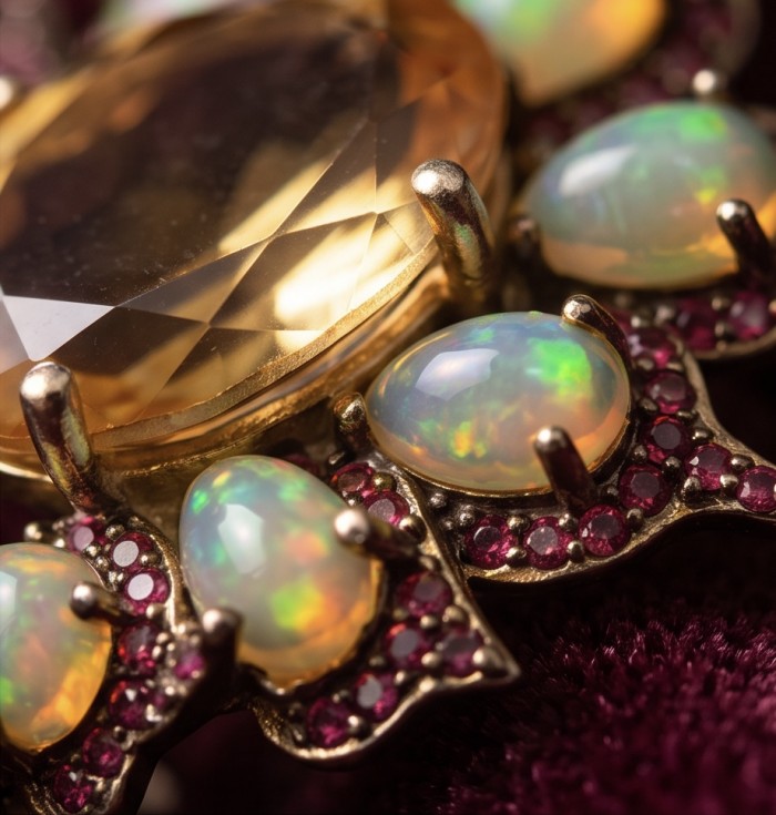 Giovanna 9.2 carat Brazilian Citrine 5.2 carat Australian Fire Opal .925 Sterling Silver dipped in rhodium handcrafted ring; s. 7 1/4 - Close-up of citrine and opal gemstones set in ornate gold jewelry.
