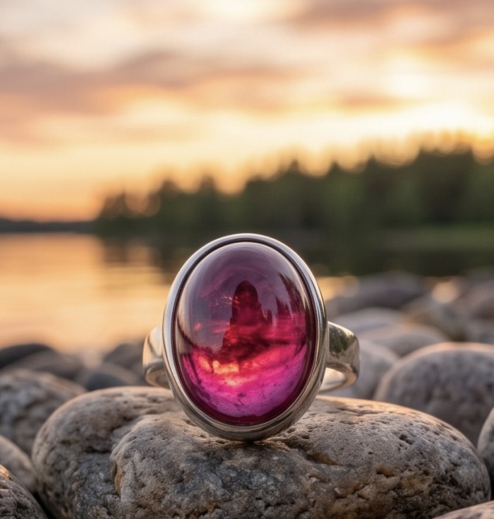 Bella Rosa Genuine 10.5 CARAT Star Ruby 22K Gold over .925 Sterling Silver Statement Ring size 8 adjustable - Close-up of Bella Rosa 10.5 Carat Star Ruby Ring on pebbles at sunset.