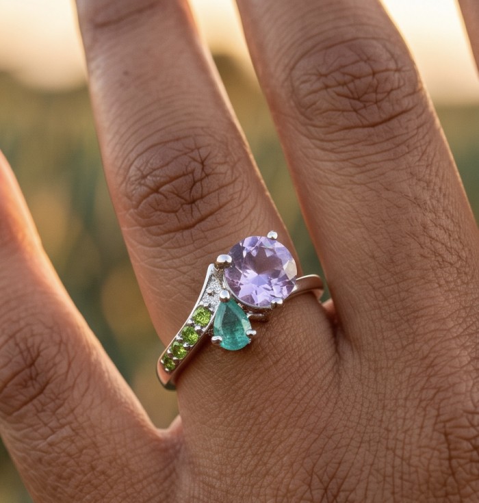 Born to Glam 2.8 carat natural Tanzanite .925 Sterling Silver Perfectly handcrafted Ring s. 7 - Tanzanite ring on hand, close-up view of stones and setting.