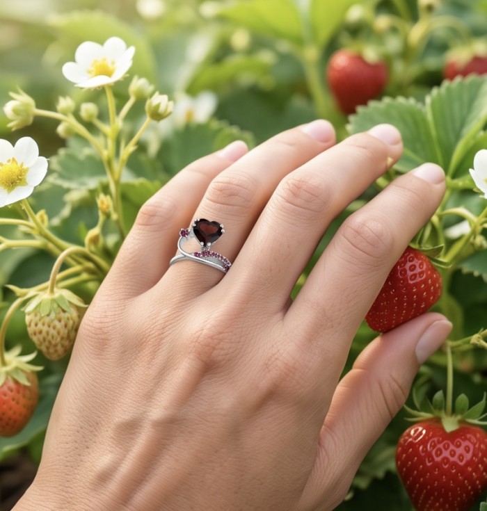 Red Heart 4.8 carat natural Garnet rhodium over .925 Sterling Silver Handcrafted Ring size 7 - Hand wearing red heart garnet ring in strawberry garden scene