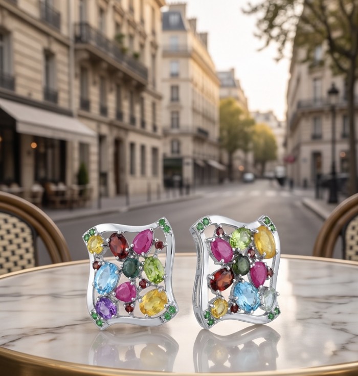 Giovanna - Authentic 10.5 carat Multigem rhodium over .925 Sterling Silver handcrafted earrings - Multigem earrings on table, street background, front view close-up.