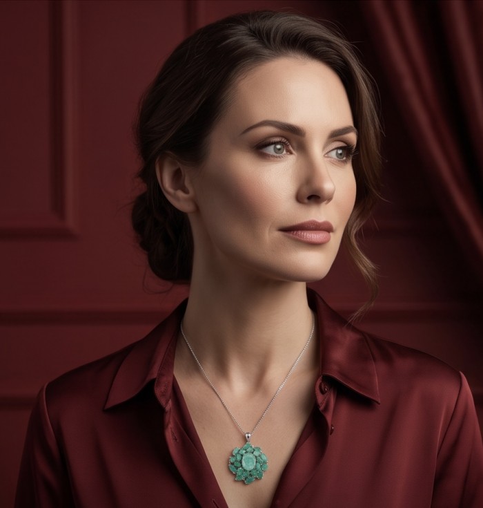 Amazonia - authentic 25.5 carat Colombian Emerald rhodium over .925 Sterling Silver handcrafted Pendant - Woman wearing Amazonia emerald necklace, side view.