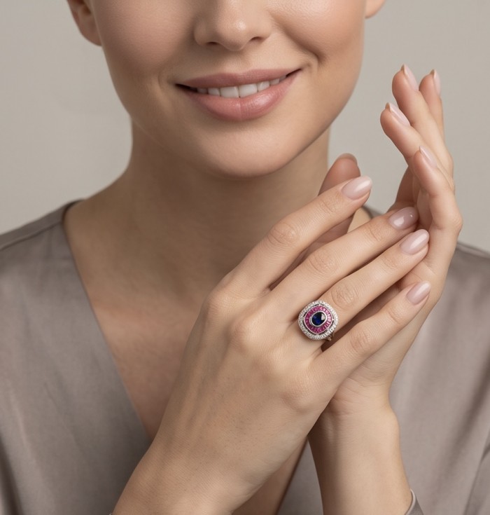Art Deco 8.6 ctw Sapphire Emerald .925 Sterling Silver handcrafted Statement Ring size 7 1/2 - Sapphire ring worn on hand, front view with focus on design.