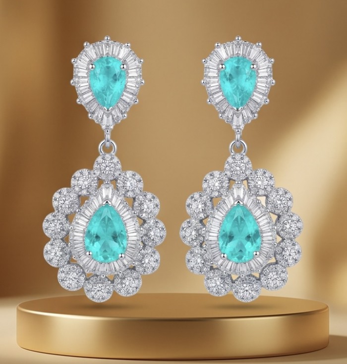 Estelle - Authentic 4.5 carat COLOMBIAN EMERALD .925 Sterling Silver handcrafted Statement earrings - Front view of Estelle Colombian emerald and silver earrings.