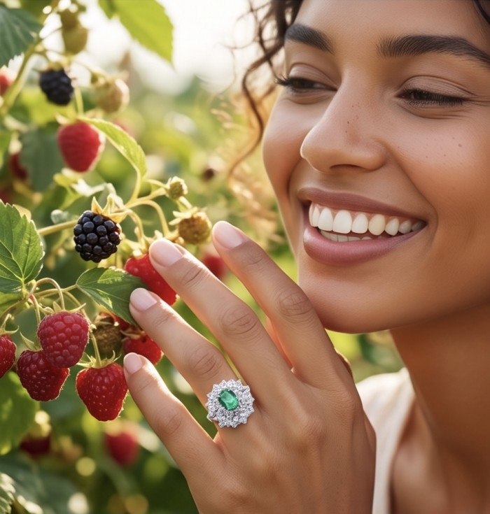 Elizabeth oval cut 4.8 carat Colombian Emerald 11.2 carat Moissanite .925 Sterling Silver dipped in Rhodium handcrafted Ring size 8 - Woman wearing Elizabeth oval cut emerald ring, hand near berries.