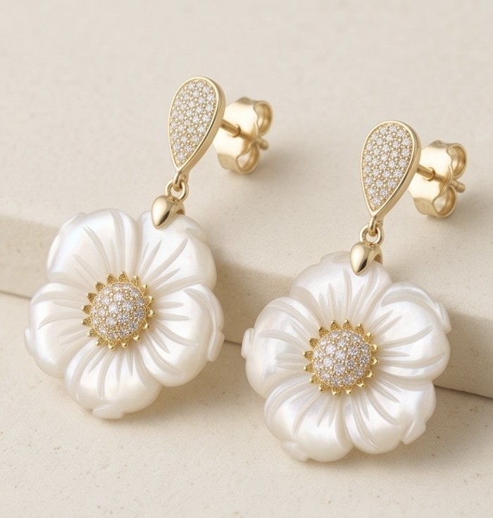 BLOOMING FLOWERS Genuine Blister Pearl 0.2 CARAT lab grown Diamond 18K Gold over .925 Sterling Silver handcrafted Statement Earrings - Front view of BLOOMING FLOWERS earrings with pearls and lab-grown stones.