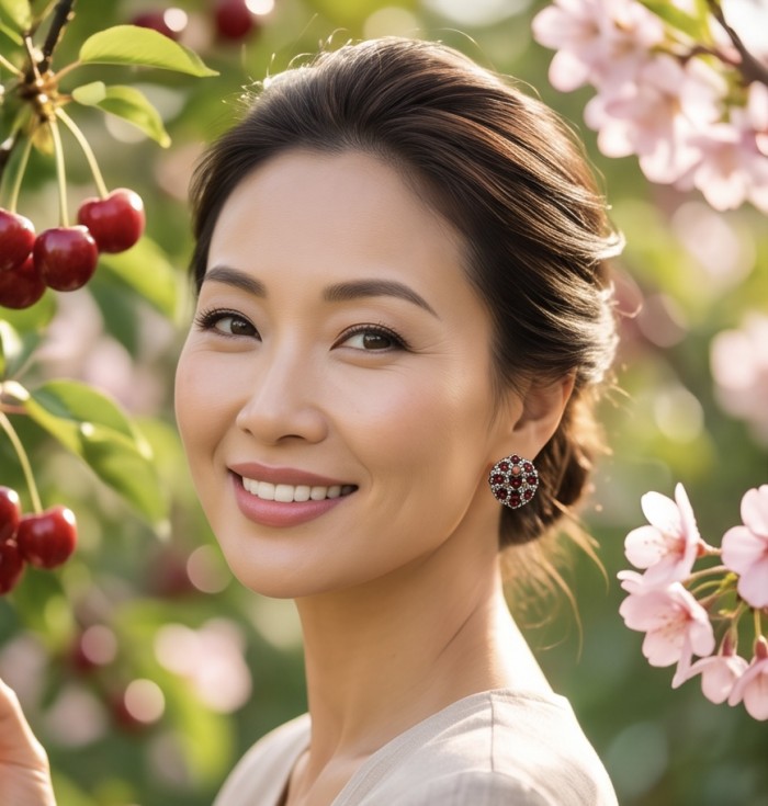 María Rosa - Real Art - Natural 20.2 carat Garnet from Madagascar .925 Sterling Silver handcrafted Large Statement earrings - Woman wearing María Rosa garnet earrings with cherry blossoms in background
