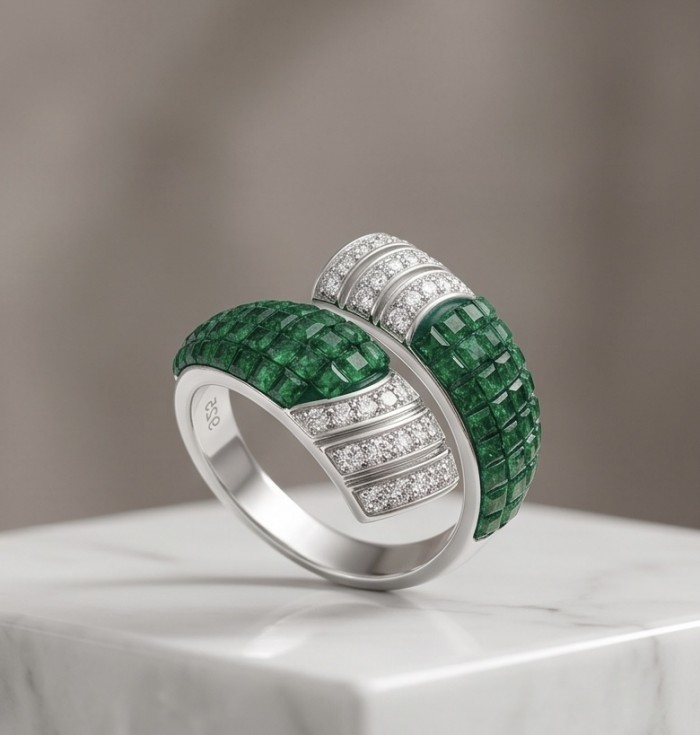 Precious Emerald bow- mystery setting authentic 16.2 carat Emerald .925 Sterling Silver Eternity Ring size 8 - Side view of Precious Emerald bow ring with diamonds and mystery setting.
