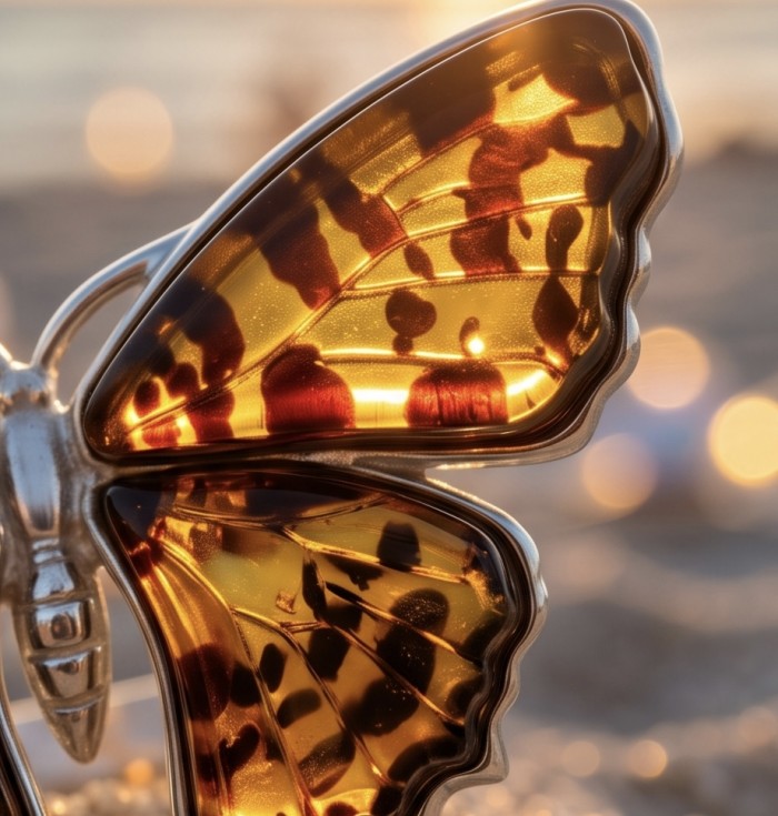 Butterfly Authentic Baltic Amber .925 Sterling Silver dipped in 18K Gold handcrafted ring; s. 7 adjustable - Close-up of butterfly Baltic amber pendant in silver setting
