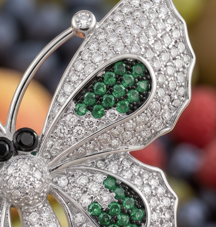 Precious Butterfly Genuine 8.5 carat Emerald .925 Sterling Silver handmade LARGE Statement Ring size 7 1/2 - Butterfly brooch with emerald and diamond detail close-up.
