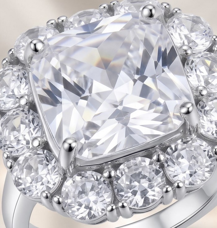 Real Beauty - asscher cut 8.5 carat White Topaz .925 Sterling Silver Handcrafted Statement Ring size 7 1/4 - Close-up of Asscher cut white topaz ring with diamond halo setting.