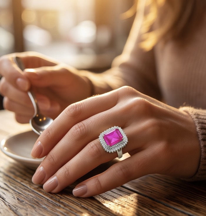 12.8 carat Brazilian Pink Topaz .925 Sterling Silver dipped in rhodium Perfectly handcrafted Ring s. 7 3/4 - Pink topaz ring on hand, showing stone and setting detail.