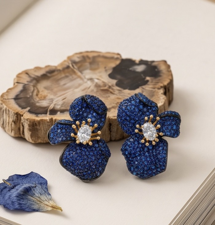 Amazonia - 38.8 carat pave Colombian Sapphire 2 tones .925 Sterling Silver handmade Statement Earrings - Blue flower earrings with sapphires on a wooden background.