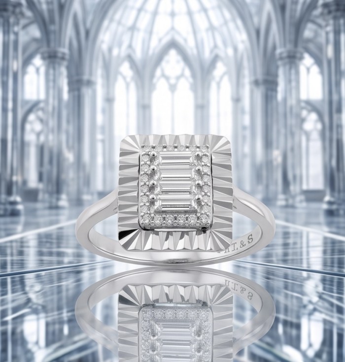 Art Deco 7.4 ctw White TOPAZ .925 Sterling Silver handcrafted Statement Ring size 8 1/4 - Front view of Art Deco white topaz ring with ornate detail.