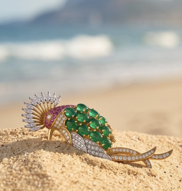 Precious Exotic Bird Natural 10.2 carat Colombian Emerald 2 tones .925 Sterling Silver Brooch - Exotic bird brooch with emeralds on sandy beach, side view.