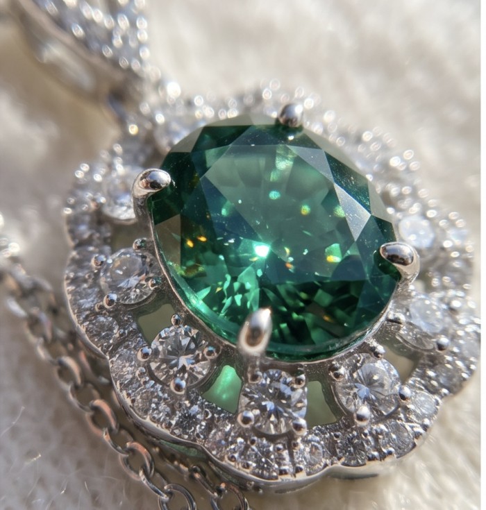 Green Rose - Vintage style - 9.5 carat authentic Tsavorite Garnet .925 Sterling Silver handcrafted necklace - Close-up of vintage style Tsavorite pendant with surrounding diamonds.