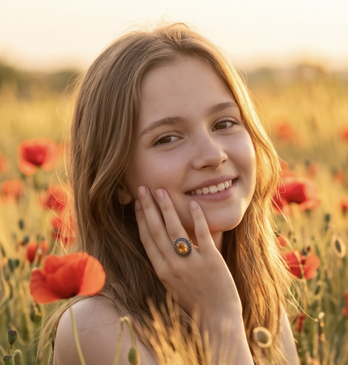 Authentic oval cut 10.2 carat Golden Topaz rhodium over .925 Sterling Silver ring s. 8 - Worn on hand, woman in a field of poppies, showing ring detail
