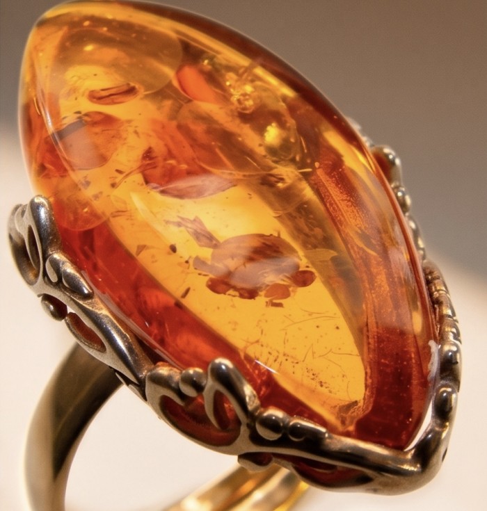 Serenity Natural Golden Baltic Amber 14K Gold over .925 Sterling Silver handmade Statement Ring size 7 - Close-up of Serenity Natural Golden Baltic Amber ring in ornate setting