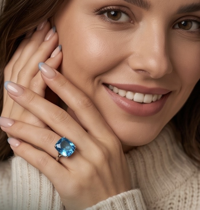 Pacifica - Authentic 22.8 carat Swiss Blue Topaz Rhodium over .925 Sterling Silver handcrafted Large Statement ring size 10 - Close-up of 22.8 carat Swiss Blue Topaz ring worn on hand