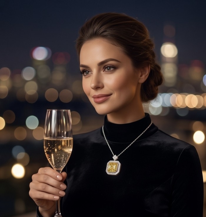Art Deco - princess cut 15.8 carat YELLOW SAPPHIRE 2 tones .925 Sterling Silver dipped in Rhodium handcrafted necklace - Woman wearing Art Deco necklace with 15.8 carat yellow sapphire.
