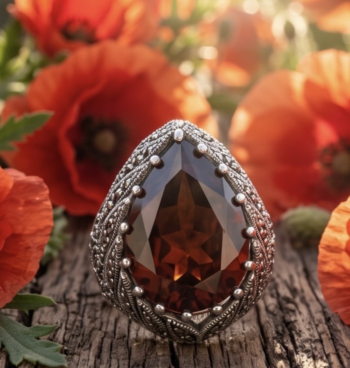 Red Mystery Authentic 18.4 carat Garnet .925 Sterling Silver brilliantly handcrafted large Statement Ring size 7 - Close-up of garnet ring set in ornate sterling silver with floral backdrop.