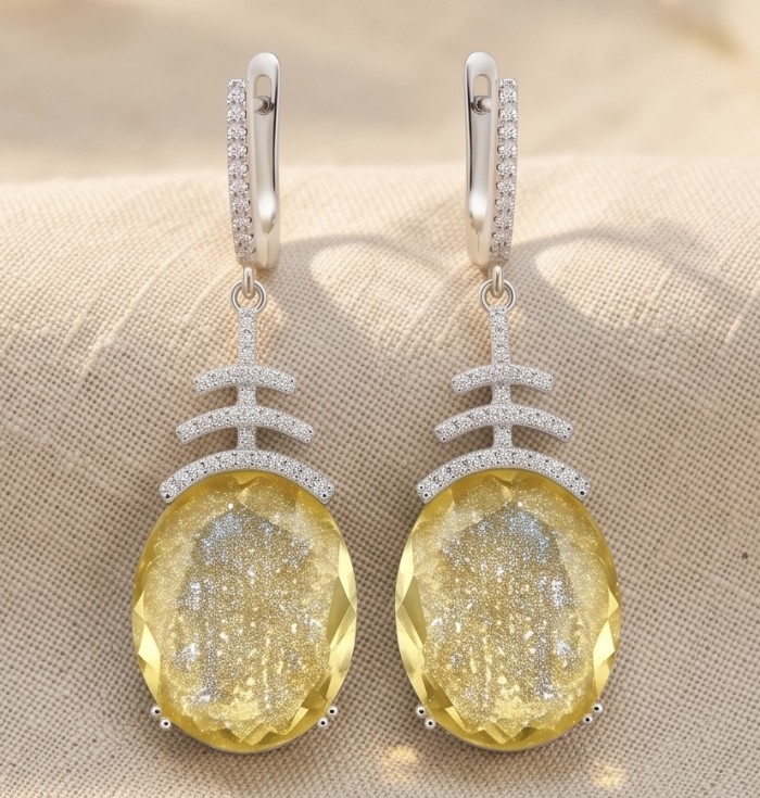 Summer Time 17.8 carat Lemon Quartz rhodium over .925 Sterling Silver handcrafted Statement Earrings - Front view of Lemon Quartz earrings on fabric background