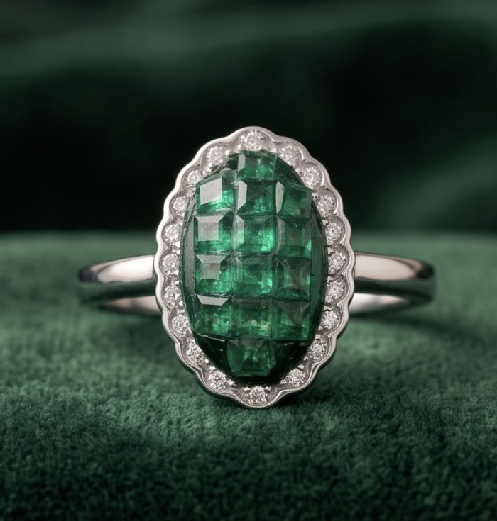 Estelle - Authentic mystery setting 1.9 carat COLOMBIAN EMERALD .925 Sterling Silver handcrafted Ring size 8 1/4 - Stone close-up of Estelle mystery setting 1.9 carat Colombian emerald ring.