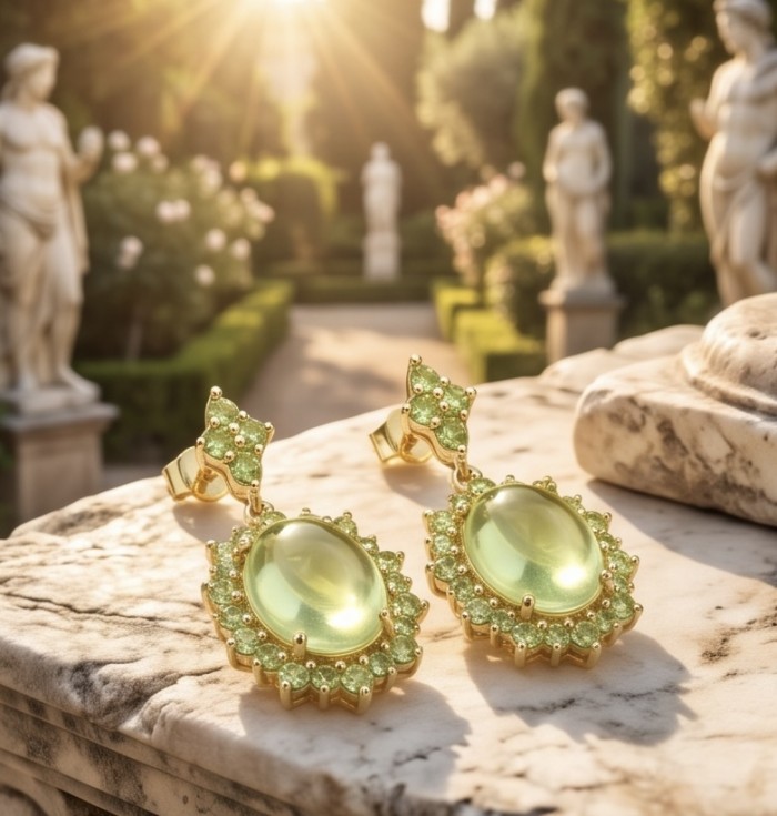 Wise Bliss Authentic 10.5 carat Prehnite 3.2 carat Peridot 22k Gold over .925 Sterling Silver handmade earrings - Elegant earrings with Prehnite and Peridot on marble in garden sunlight.