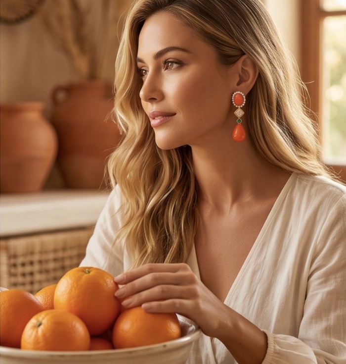 Queen of the Sea Genuine Orange Fossilized Coral 18k Gold over .925 Sterling Silver handmade earrings - Side view of coral earrings in 18k gold, worn by a woman with oranges.