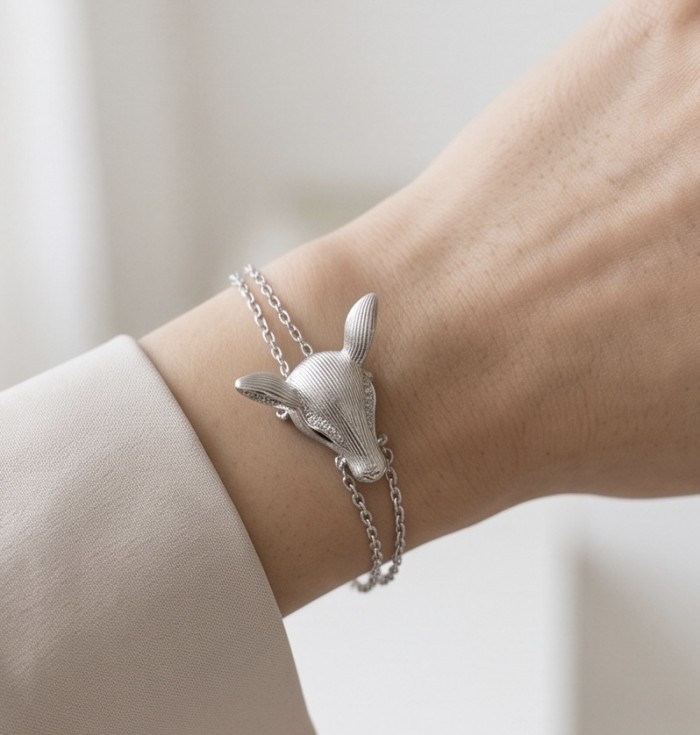Deer'S Head 0.5 carat Emerald Rhodium over .925 Sterling Silver handmade Statement Bracelet - Deer's head bracelet worn on wrist, showing front view.