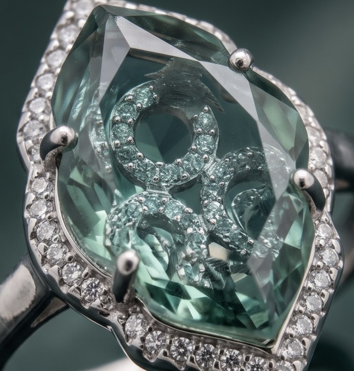 11.5 carat Grandidierite .925 Sterling Silver Handcrafted Ring size 6 1/4 - Close-up of Grandidierite ring with silver and diamond accents