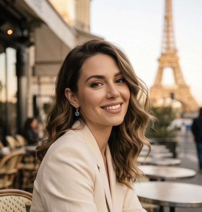 Deep Ocean 5.5 carat London Blue Topaz .925 Sterling Silver 18K Gold over handmade Statement earrings - Earring with London Blue Topaz worn by model near Eiffel Tower.