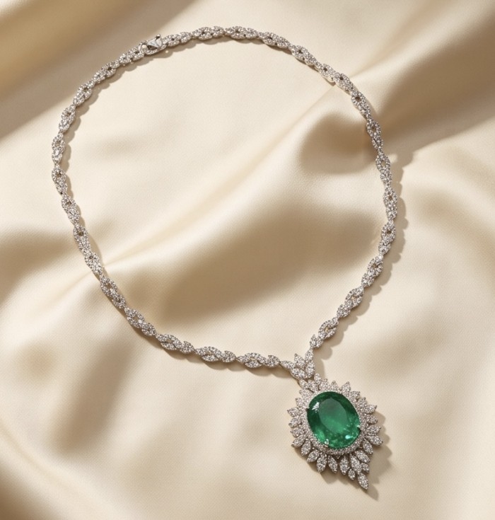 Precious 15.2 carat natural Colombian Emerald rhodium over .925 Sterling Silver .925 Sterling Silver Statement Necklace - Necklace with 15.2 carat Colombian emerald on beige fabric backdrop.