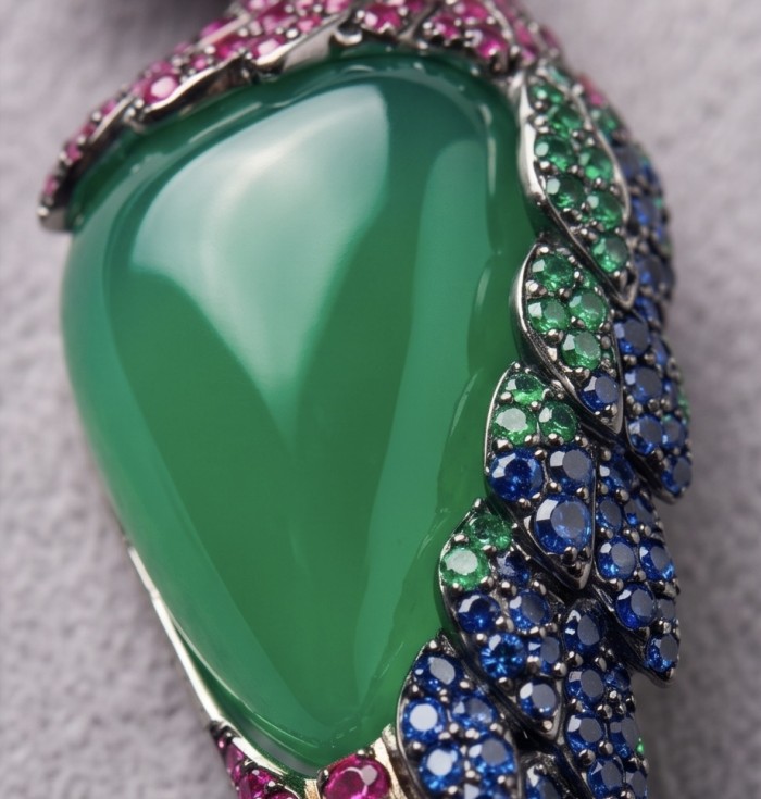 Vibrance & Joy - exotic Parrot - Genuine 22.4 carat Jade from New Zealand .925 Sterling Silver dipped in rhodium handmade Pendant - Brooch - Close-up of Vibrance & Joy exotic parrot jewelry with jade and colorful stones.