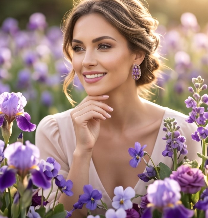 Isabel Authentic 10.4 carat Amethyst 18k Gold over .925 Sterling Silver handcrafted Statement Earrings - Woman wearing Isabel Authentic Amethyst earrings in a flower garden.