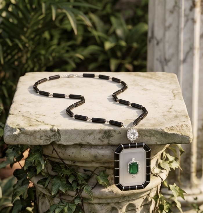 Art Deco - 10.4 carat Emerald Onyx rhodium over .925 Sterling Silver handmade Statement necklace; 32 inches long - Art Deco necklace with emerald on stone pedestal, frontal view.