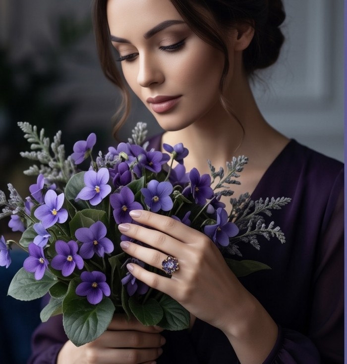Exotic Flower 4.2 carat Amethyst .925 Sterling Silver dipped in Rhodium 18K Gold Handcrafted Ring size 8 - Woman holding purple flowers, wearing Amethyst ring on right hand.