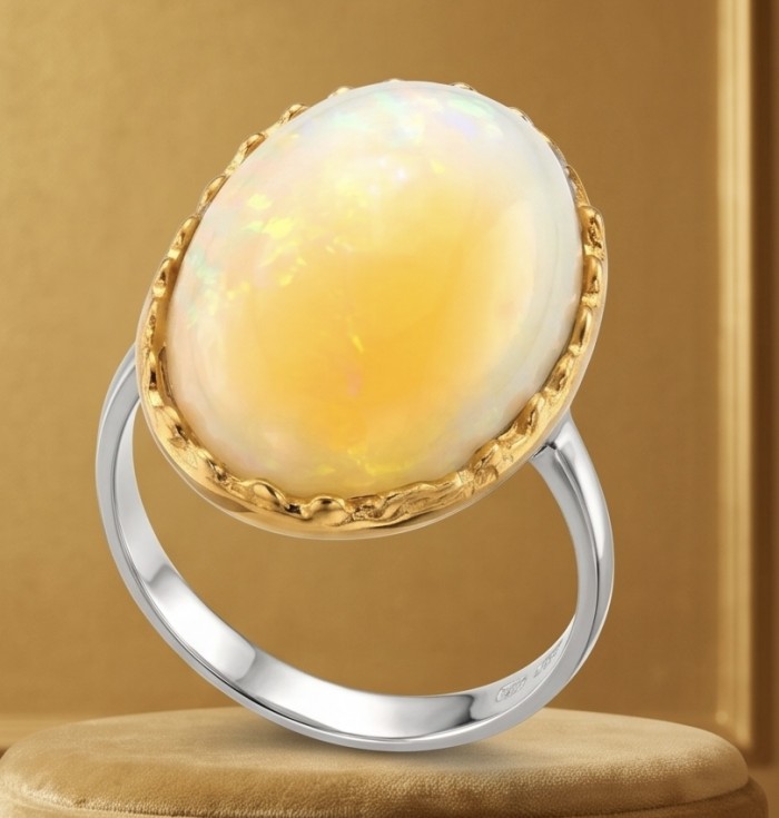 ENDLESS OCEAN 8.8 ctw Genuine White Ethiopian Opal 2 tones .925 Sterling Silver handmade Ring size 7 1/4 - Stone close-up of two-tone ENDLESS OCEAN 8.8 ctw White Ethiopian Opal ring