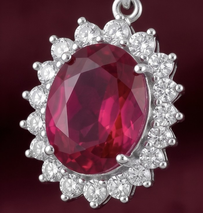 Natural 10.2 carat Mozambique Ruby .925 Sterling Silver dipped in Rhodium Handcrafted Earrings - Close-up of ruby pendant set in sterling silver with diamond halo