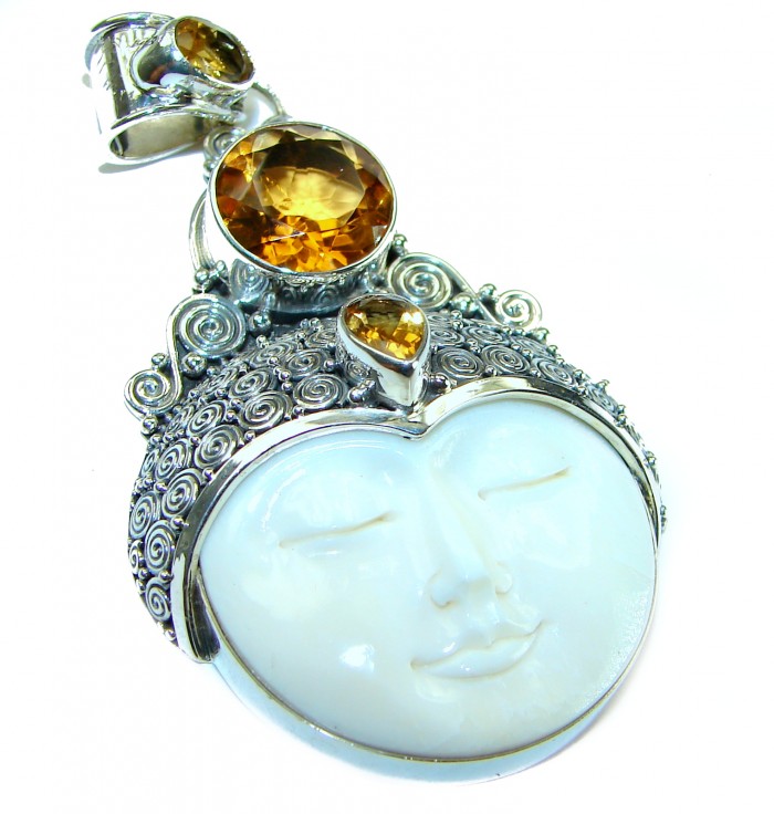 7Moonface - Authentic Carved Ox Bone 6.8 carat Citrine .925 Sterling Silver Pendant - photo 4