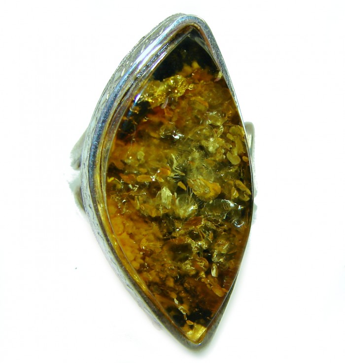 Large - Golden Power Baltic Amber .925 Sterling Silver handcrafted ring; s. 7 adjustable - Stone close-up of golden Baltic amber in sterling silver setting.