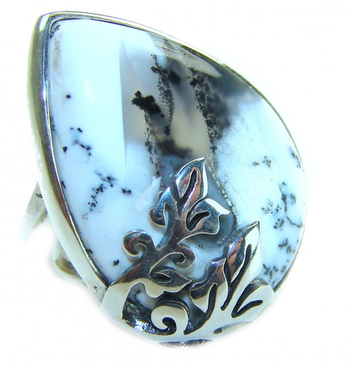 Top Quality Dendritic Agate .925 Sterling Silver handcrafted Ring s. 7 adjustable - Dendritic Agate ring in silver, stone close-up.