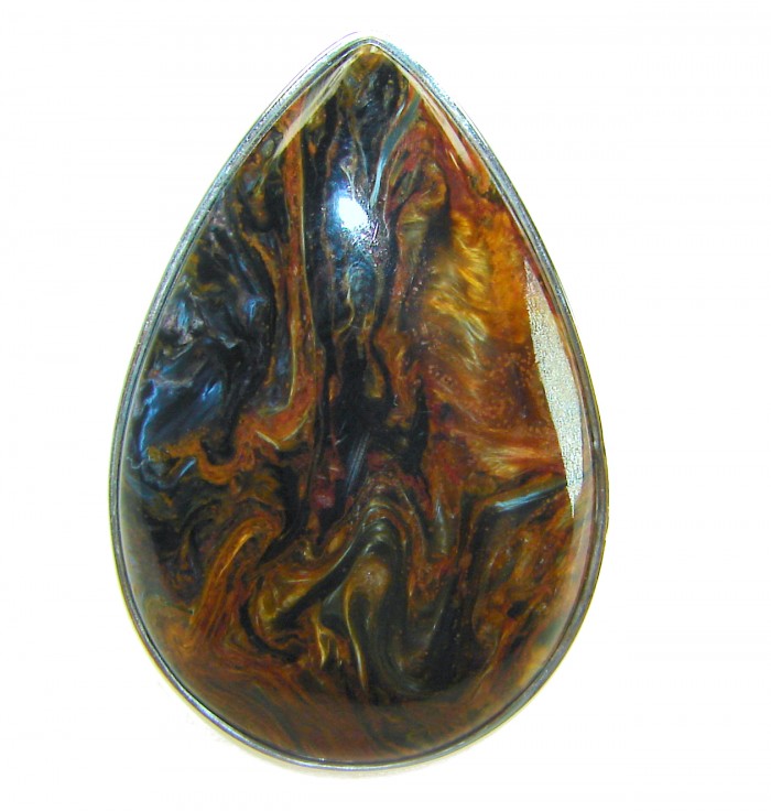 Large 31.8 carat Silky Golden Pietersite .925 Sterling Silver handmade Ring size 7 adjustable - Stone close-up of large 31.8 carat Silky Golden Pietersite in silver setting.