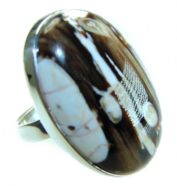 Exotic Petrified Palm Wood .925 Sterling Silver LARGE Ring size 7 adjustable - Close-up of Exotic Petrified Palm Wood sterling silver ring.