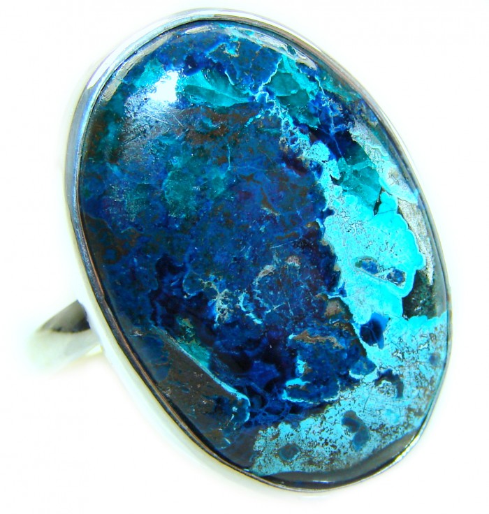 Authentic Parrot's Wing Chrysocolla .925 Sterling Silver handcrafted ring size 8 adjustable - Stone close-up of Parrot's Wing Chrysocolla .925 Sterling Silver ring