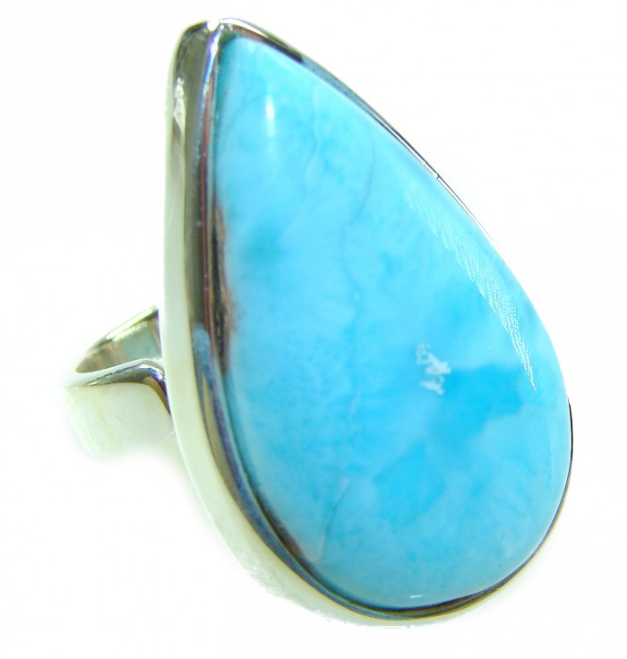 Blue Perfection AAAA QUALITY Blue Larimar .925 Sterling Silver handmade Large ring size 8 adjustable - Close-up of blue Larimar ring set in .925 sterling silver.