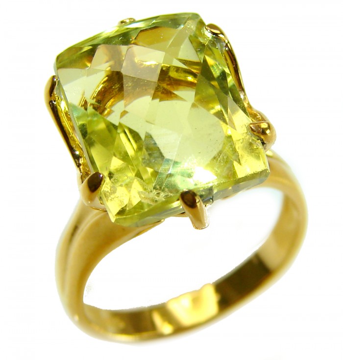 Solid 11.8 carat Genuine Lemon Quartz .925 Sterling Silver DIPPED IN REAL GOLD handcrafted ring size 6 - Lemon quartz ring, top view, 11.8 carat, set in gold.