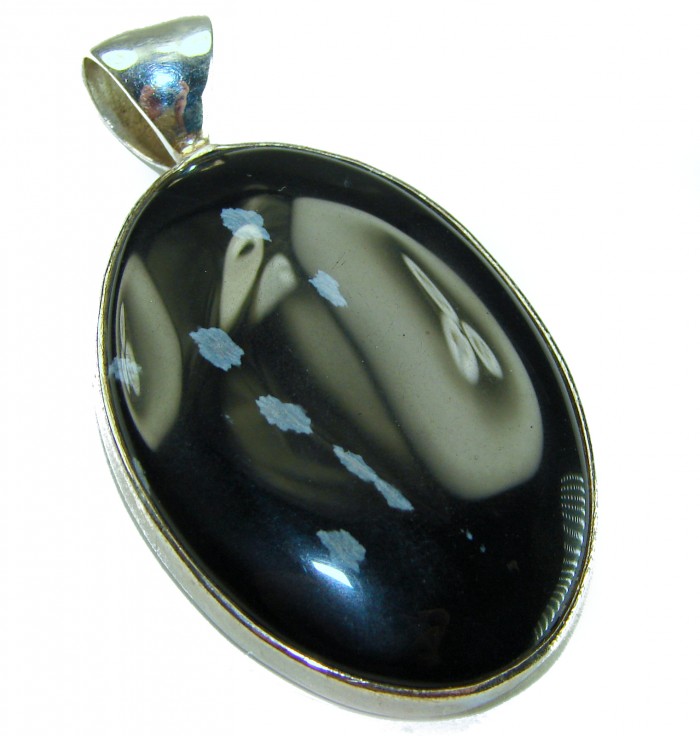 Amazing quality Snowflake Obsidian Sterling Silver handmade Pendant - Close-up of Snowflake Obsidian pendant in sterling silver setting.