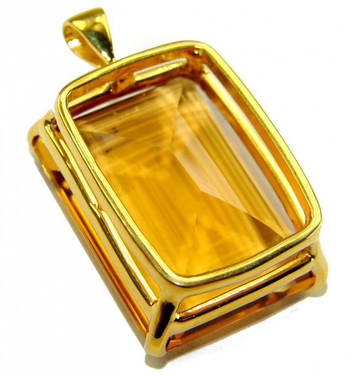 Luxury genuine 33.5 CARAT baquette cut Champagne Topaz .925 Sterling Silver dipped in 18K Gold handmade Pendant - Gold-framed champagne topaz pendant, side angle close-up.